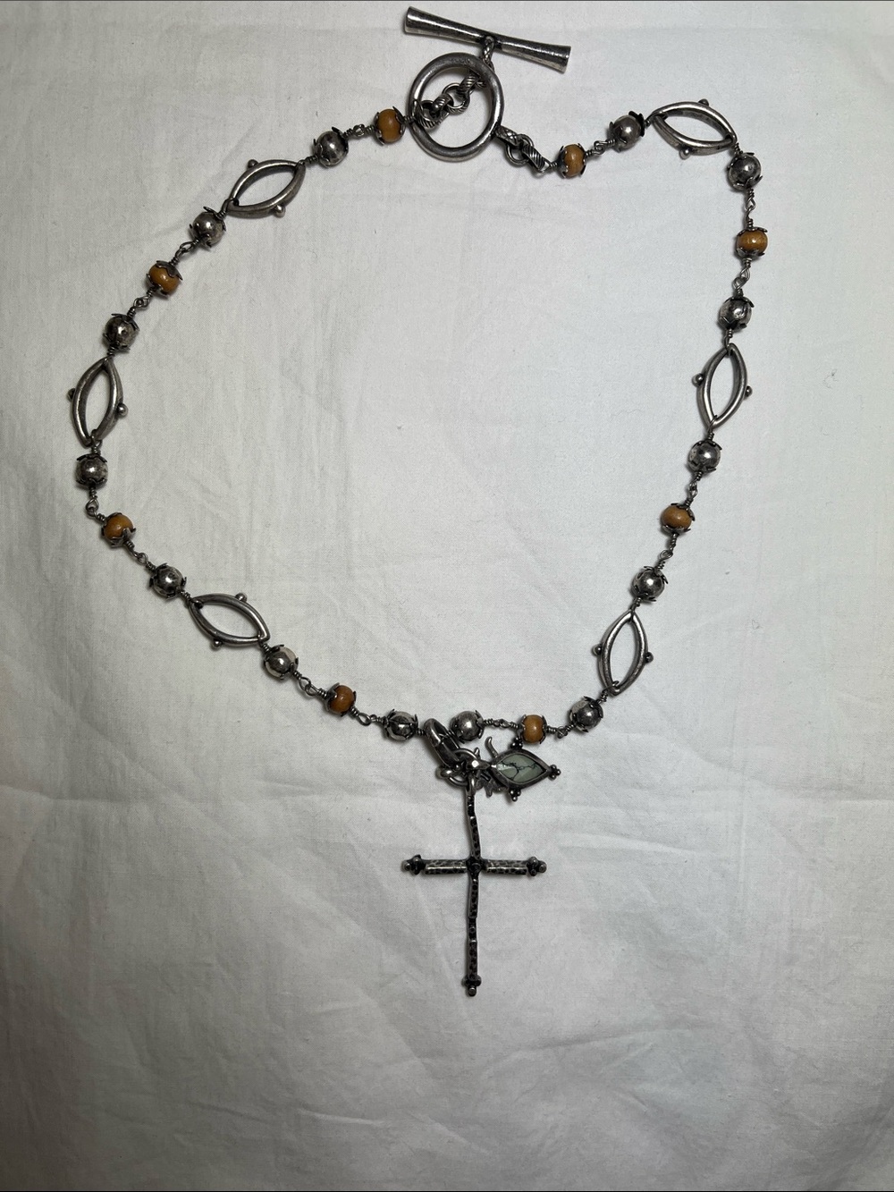 Lucky Brand Silver-Tone Cross Necklace with Amber Bead Accents